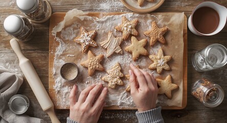 Homemade Christmas star cookies on floured wooden table, topdown