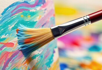 Obraz premium Extreme closeup of an artist's brush creating vibrant strokes on canvas