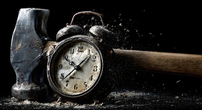 Time destruction. A hammer smashes an antique alarm clock, shattering the glass. Concept of deadlines, pressure, or lost time.