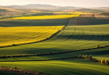 Fototapeta premium Vast agricultural fields stretching to the horizon with vibrant irrigation systems
