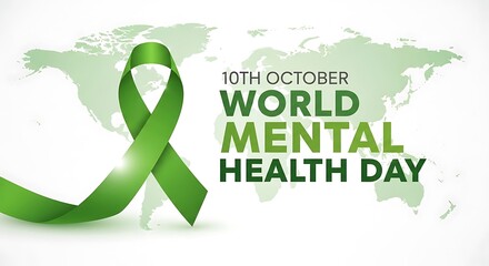 World mental health day graphic with a green ribbon and world map, promoting global mental health awareness on october 10th world mental health day background