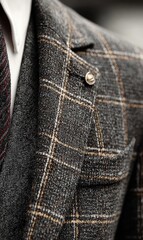 Close-up of a gray and beige plaid suit jacket