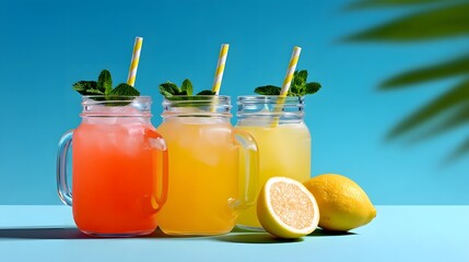 Fototapeta premium Vibrant glasses of homemade lemonade and fruit-infused drinks with fresh lemon slices and mint sprigs, set against a tranquil blue sky and palm leaves