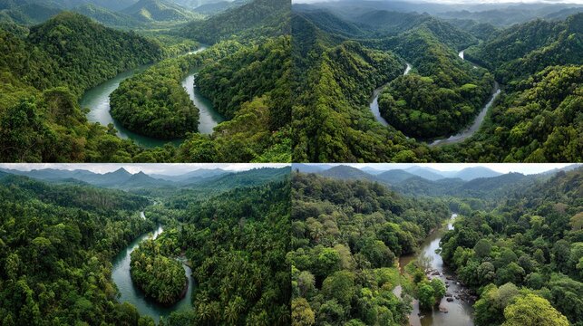 Four aerial views showcasing a winding river flowing through a lush, green rainforest landscape - Powered by Adobe