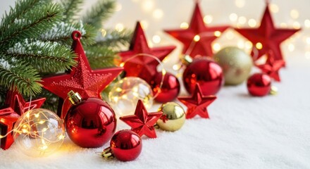 Red star ornament Christmas ball pine branch snow festive holiday winter decoration create joyful mood