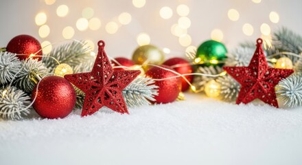 Red star ornament, Christmas ball, pine branch, snow, festive light, holiday decoration, joyful mood