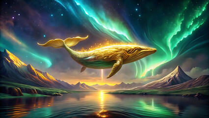 Surreal golden whale flying above the ocean under aurora mystical glowing surreal artwork  