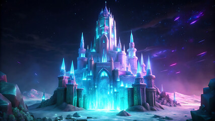 Surreal magical ice castle glowing with neon crystal lights mystical fantasy surreal art  