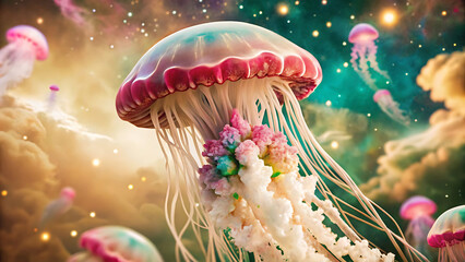 Whimsical floating jellyfish glowing in cosmic nebula fantasy dreamy glowing surreal art  