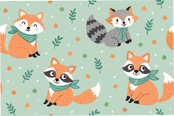 Cute cartoon foxes and raccoons with scarves on a mint green background.