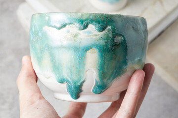 Tea bowl ceramic on gray background.