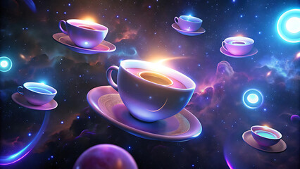 Whimsical glowing coffee cups floating in galaxy surreal dreamy fantasy glowing artwork  