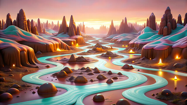Whimsical glowing chocolate rivers in pastel land surreal candy fantasy glowing artwork  