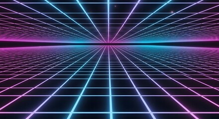 Retro 3D Grid Landscape with Neon Blue and Pink Lights Futuristic Cyberpunk Digital Background