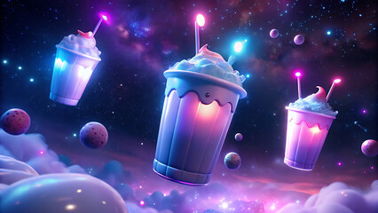 Whimsical glowing milkshakes floating in space surreal dreamy fantasy whimsical art  