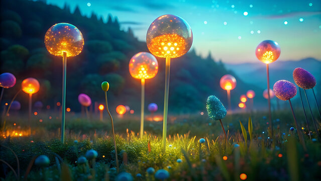 Whimsical glowing lollipops sprouting in meadow surreal dreamy whimsical candy artwork  