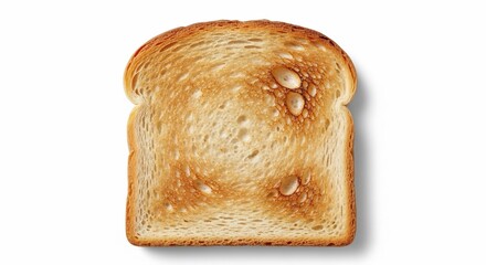 Close up of a single slice of golden brown toast on a white background showing texture and browning marks