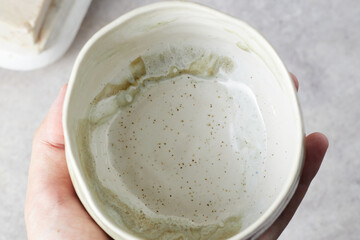 Tea bowl ceramic on gray background.