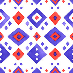 Abstract watercolor seamless pattern with geometric rhombus shapes. Red and purple ethnic tile design for fabric and decor. Childish background for a nursery or playroom