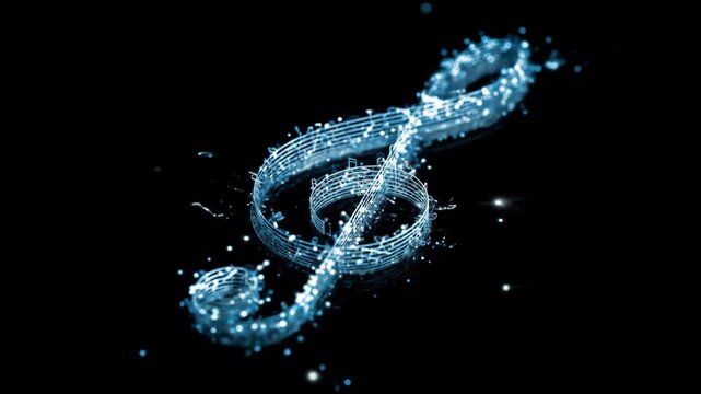 A dynamic illustration of a musical treble clef composed of shimmering, crystalline particles against a dark backdrop.