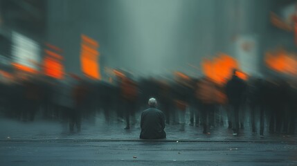 Obraz premium person standing alone in blurred crowd