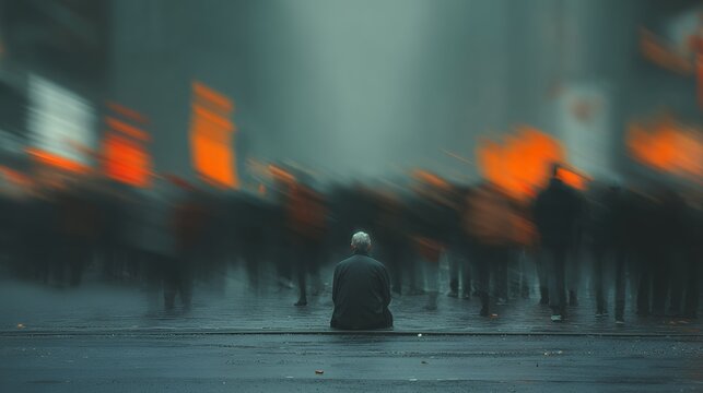 person standing alone in blurred crowd