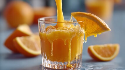 Pouring fresh orange juice into a glass, with the vibrant orange color and fresh pulp visible, evoking the sensation of a refreshing drink.