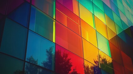 Fototapeta premium colorful, abstract, geometric, vibrant, prismatic, reflective, architectural, glass facade, mirrored, kaleidoscopic, surreal, dynamic, modern, futuristic 