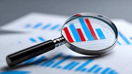 Close-up of a magnifying glass scrutinizing statistical charts and graphs on a business report or financial document placed on an office desk.