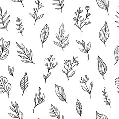 Seamless pattern of hand-drawn leaves and branches botanical vector illustration for textile design wallpaper and wrapping paper