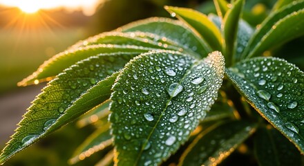 Dew Drops on Lush Green Leaves.