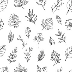 Seamless pattern of hand-drawn botanical elements black and white vector illustration for textile design wallpaper or background