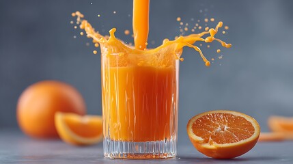 Pouring fresh orange juice into a glass, with the vibrant orange color and fresh pulp visible, evoking the sensation of a refreshing drink.