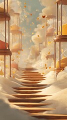 Surreal Pathway of Wooden Stepping Stones in Fluffy Clouds with Hourglasses and Falling Gold Confetti under a Blue Sky