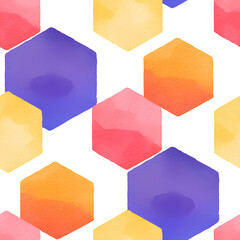 Abstract watercolor hexagon pattern. Seamless geometric background for kids and baby decor. Colorful texture for fabric and scrapbooking