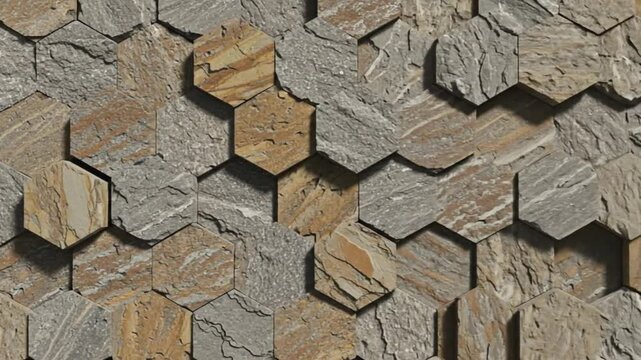 Textured hexagonal stone wall featuring varied colors and patterns, ideal for architectural design projects