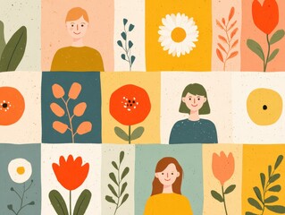 Colorful Modern Illustration of Women and Floral Elements in Bright Pastel Tones