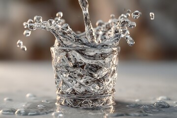 Pouring water into a glass, captured in motion as droplets form and create ripples on the surface.