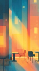 Modern abstract interior with geometric design and colorful lighting in a contemporary lounge or cafe space