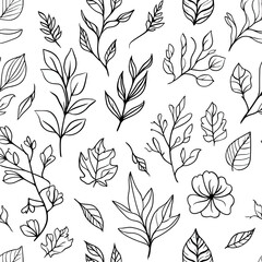 Seamless pattern of hand-drawn leaves and branches botanical vector illustration for textile design wallpaper or background