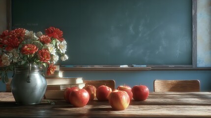 A vintage classroom scene with a world map on the wall, old books stacked on a wooden desk, and a row of red apples, evoking a sense of nostalgia and education