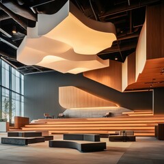 Modern Interior Lobby with Sculptural Lighting and Wooden Accents in a Contemporary Building