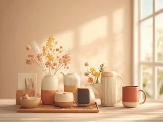 Decorative ceramic vases teapot mug and bowls with dried flowers on wooden tray in sunlit interior