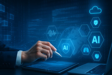 Futuristic medical artificial intelligence concept with tablet stylus and holographic diagnostic icons representing digital healthcare