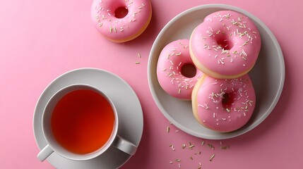 A selection of delicious, soft and sweet pink glazed donuts arranged on a plate, accompanied by a steaming cup of aromatic tea, creating a tempting and indulgent snack or breakfast display.