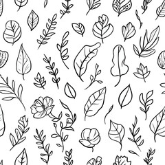 Seamless pattern of hand-drawn leaves and flowers botanical vector illustration for textile design wrapping paper or wallpaper
