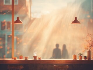 Sunlit Cafe Window with Cozy Interior Decor and Potted Plants as Silhouettes of People Outside in Warm Morning Light