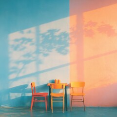Minimalist interior scene with vibrant orange and yellow chairs against a pastel wall, brightly colored shadows cast by sunlight