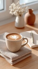 Cappuccino with Latte Art Beside Flowers and Notebook on Wooden Tabletop in Natural Light