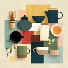 Abstract Still Life Composition featuring Ceramic Cups Bowls and Decorative Objects in Muted Earth Tones